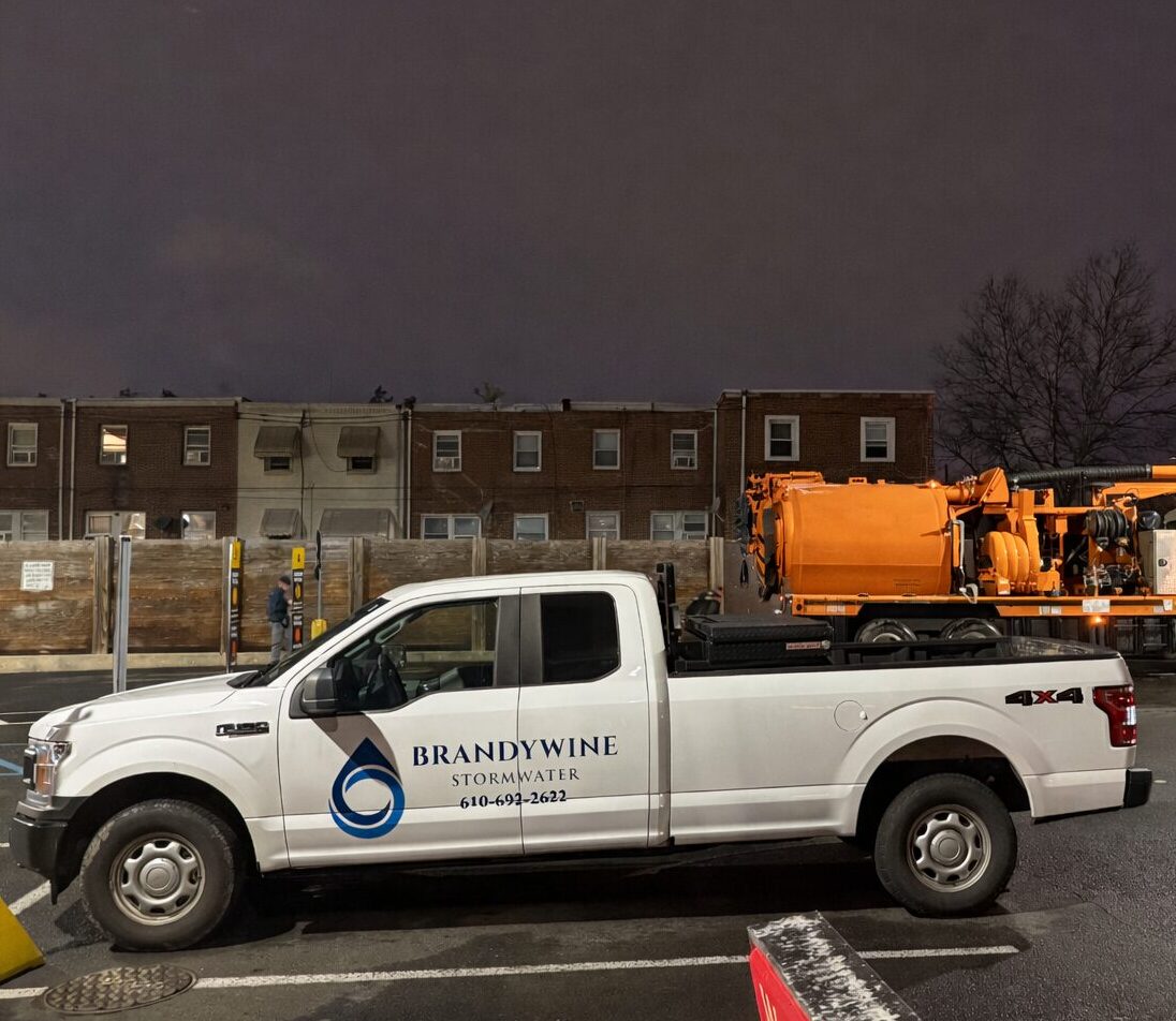 Nighttime parking lot with utility trucks